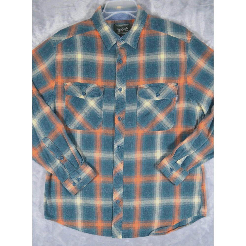 90s Woolrich Cotton Flannel Shirt Men's L Blue Orange & Cream Plaid Long Sleeves